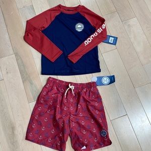 Life is good boys 10 red white blue rash guard & anchor shorts